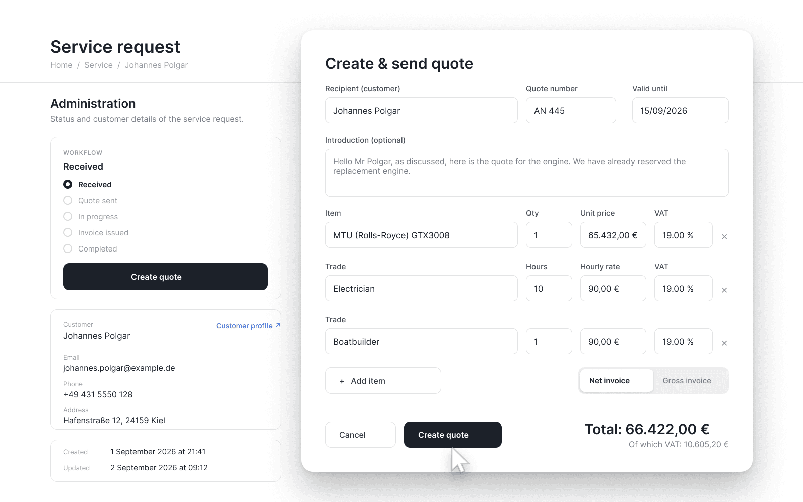 Marina view: the service request with workflow status and customer details, in front of it the quote window with line items for materials and labour, a switch for net or gross pricing, total and VAT.