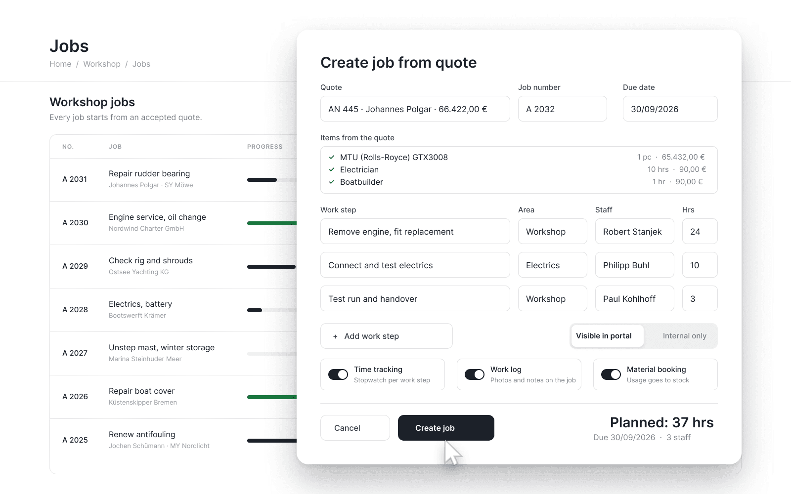 Marina view: the job list with progress bars, in front of it the “Create job from quote” window with the transferred line items, three work steps with area, staff member and hours, and switches for time tracking, work log and material posting.