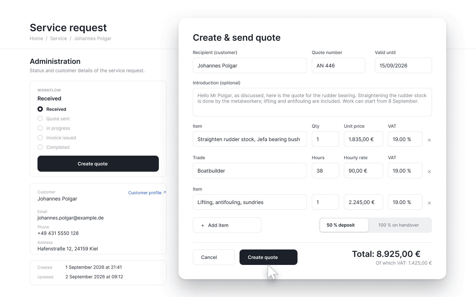 Marina view: the service request with workflow, in front of it the “Create quote” window with bearing bush, boatbuilder hours and sundries, the switch for the payment plan and the total of 8.925,00 €.