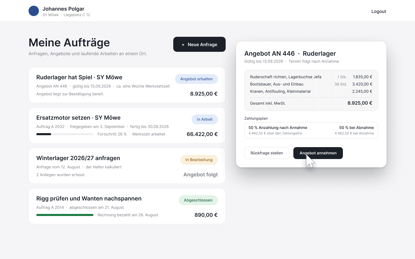 Kundenportal: das Angebot AN 446 mit Positionen, Gesamtsumme von 8.925,00 €, dem Zahlungsplan aus Anzahlung und Restzahlung und dem Knopf „Angebot annehmen“.