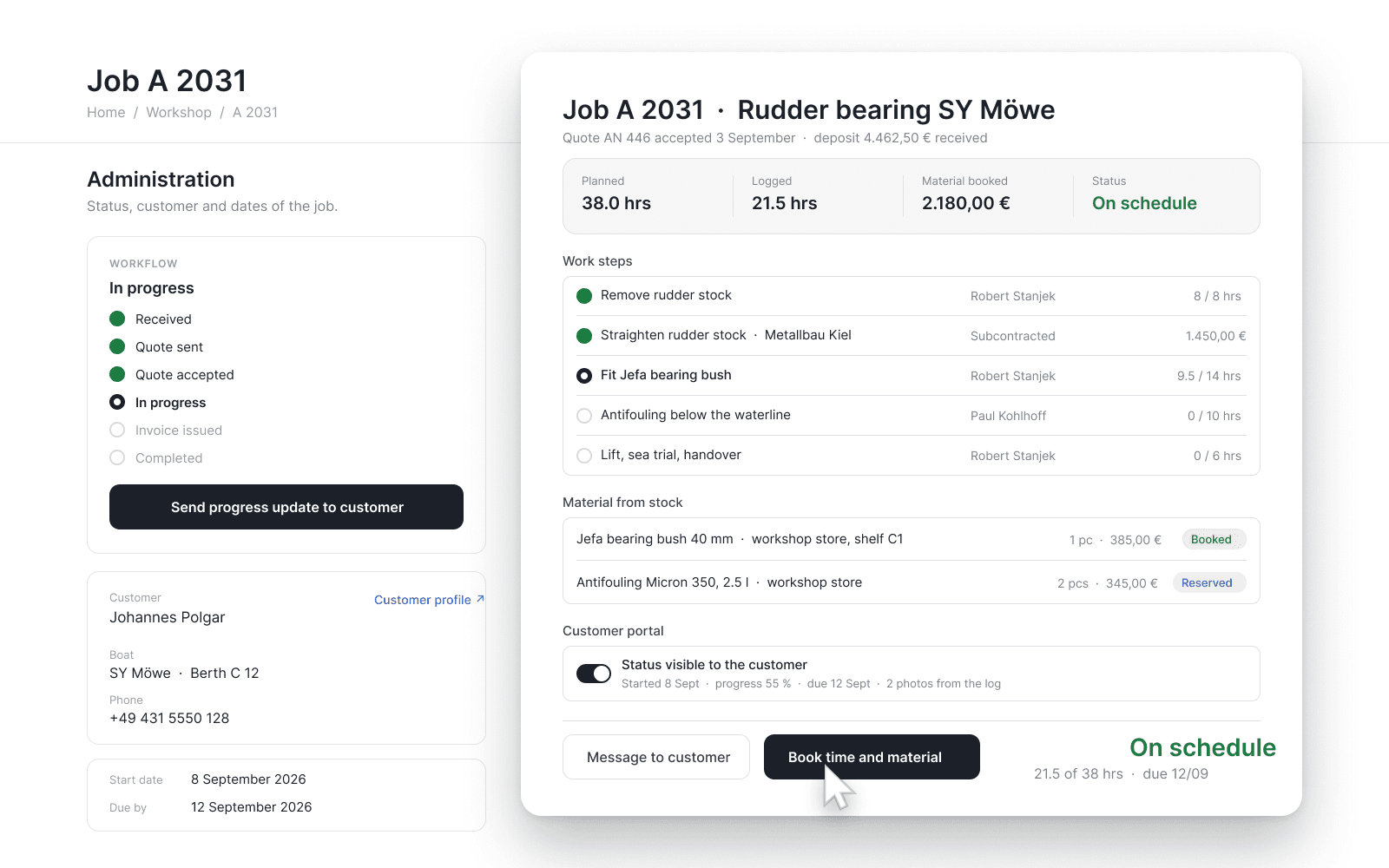 Marina view: job A 2031 with workflow and customer details, in front of it the job window with estimated and recorded hours, work steps with staff member and subcontracted work, material posted from stock and the status the customer sees in the portal.