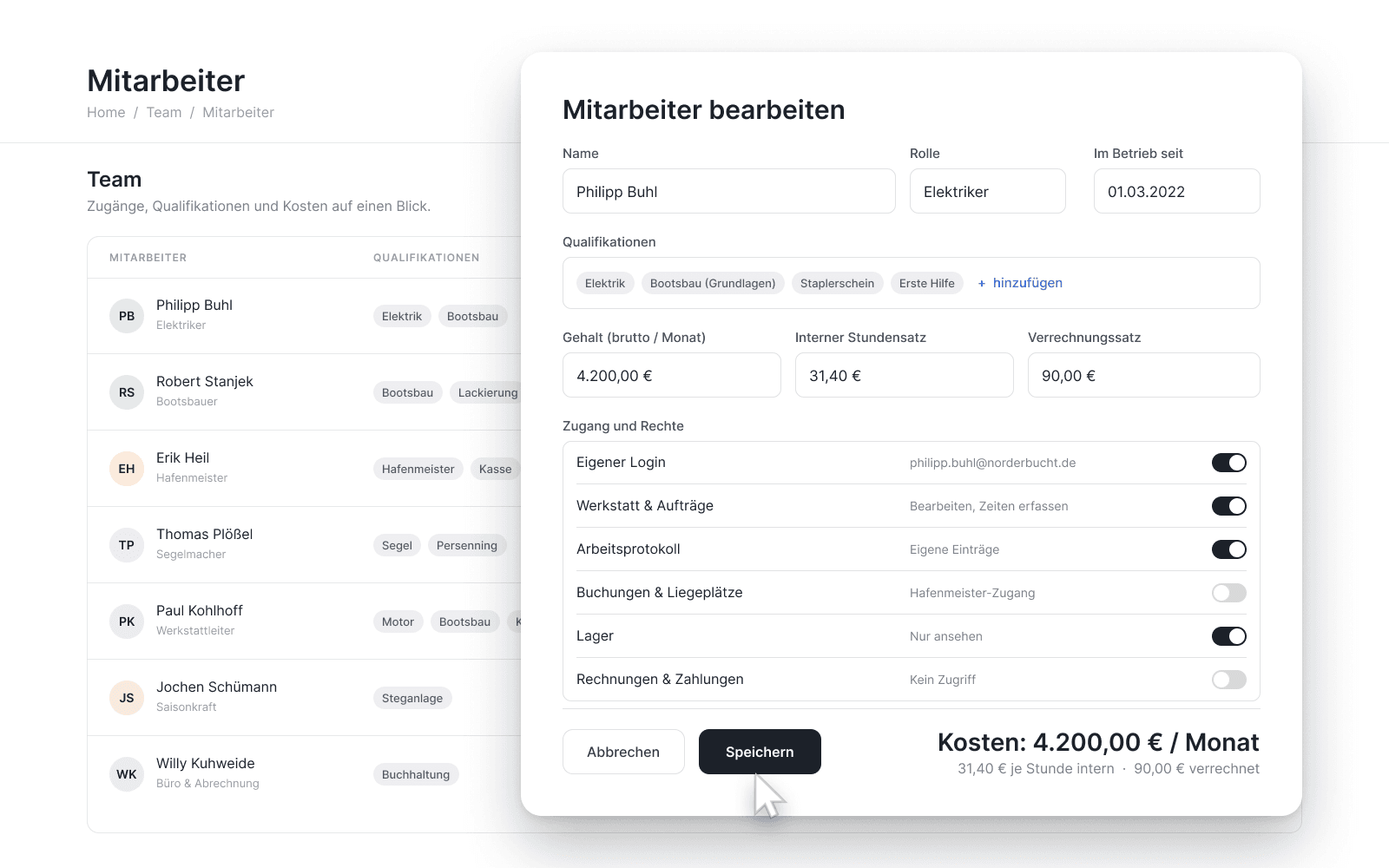 Hafenansicht: die Teamliste mit Qualifikationen, davor das Fenster „Mitarbeiter bearbeiten“ mit Rolle, Qualifikationen, Gehalt und Stundensätzen sowie den Schaltern für Login und Zugriff je Bereich, darunter der Hafenmeister-Zugang für Buchungen.