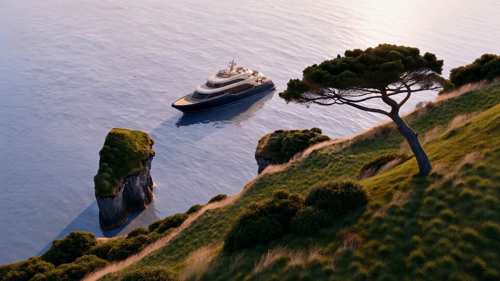 Eine Yacht liegt in ruhigem Wasser vor einer grünen Steilküste im Abendlicht